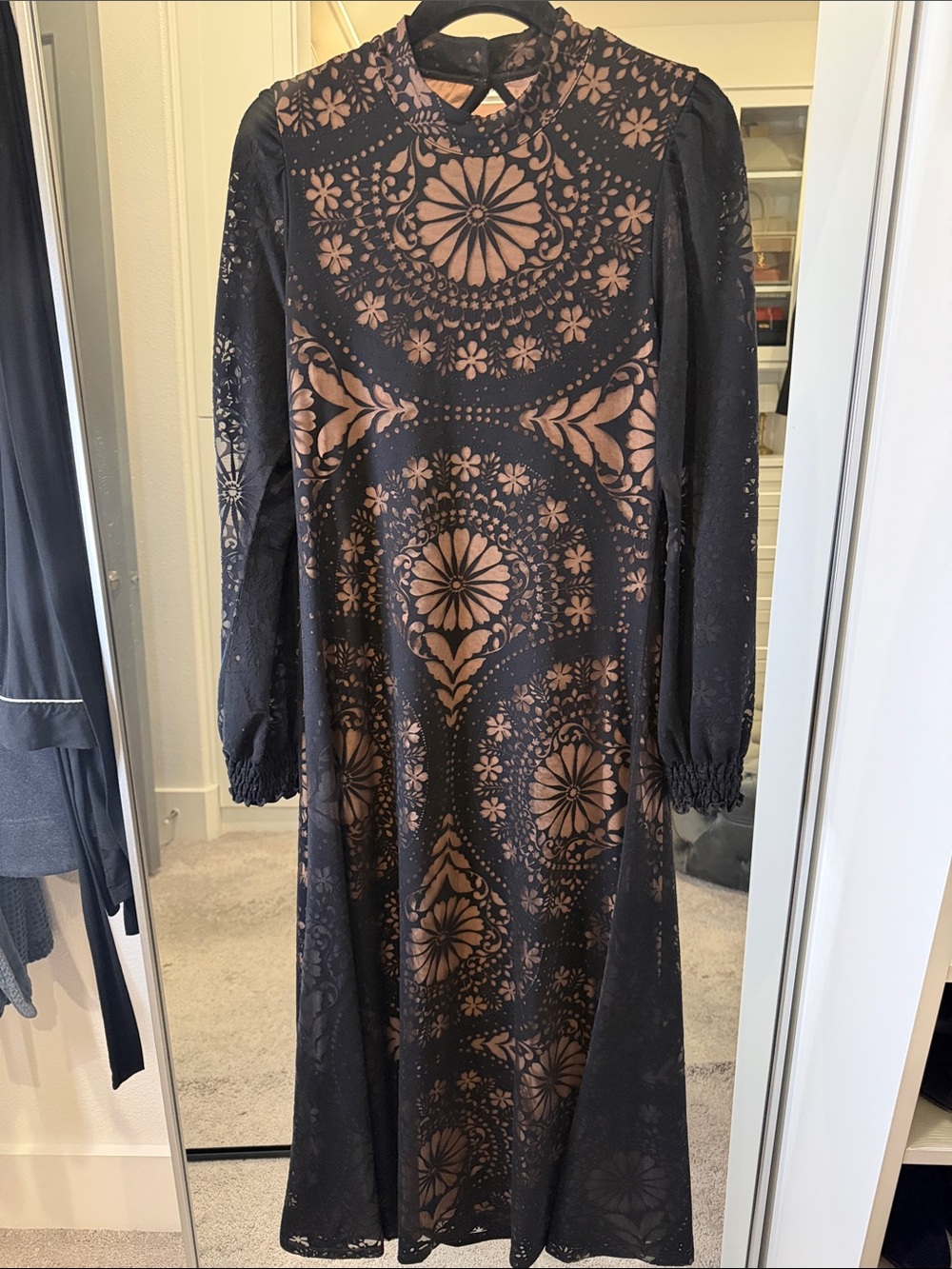 Long Sleeve Black & Tan Floral Lace Midi Dress